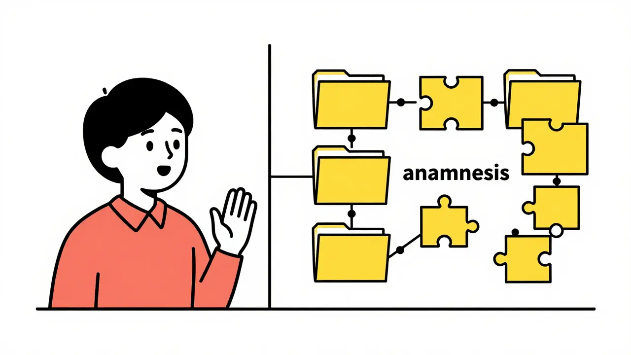 Koncepcní zobrazení procesu analýzy a diagnostiky v hlavě terapeuta.