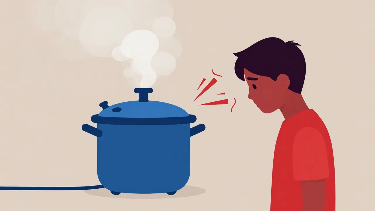 Konceptuální ilustrace teenagera jako tlakového hrnce uvolňující stres.