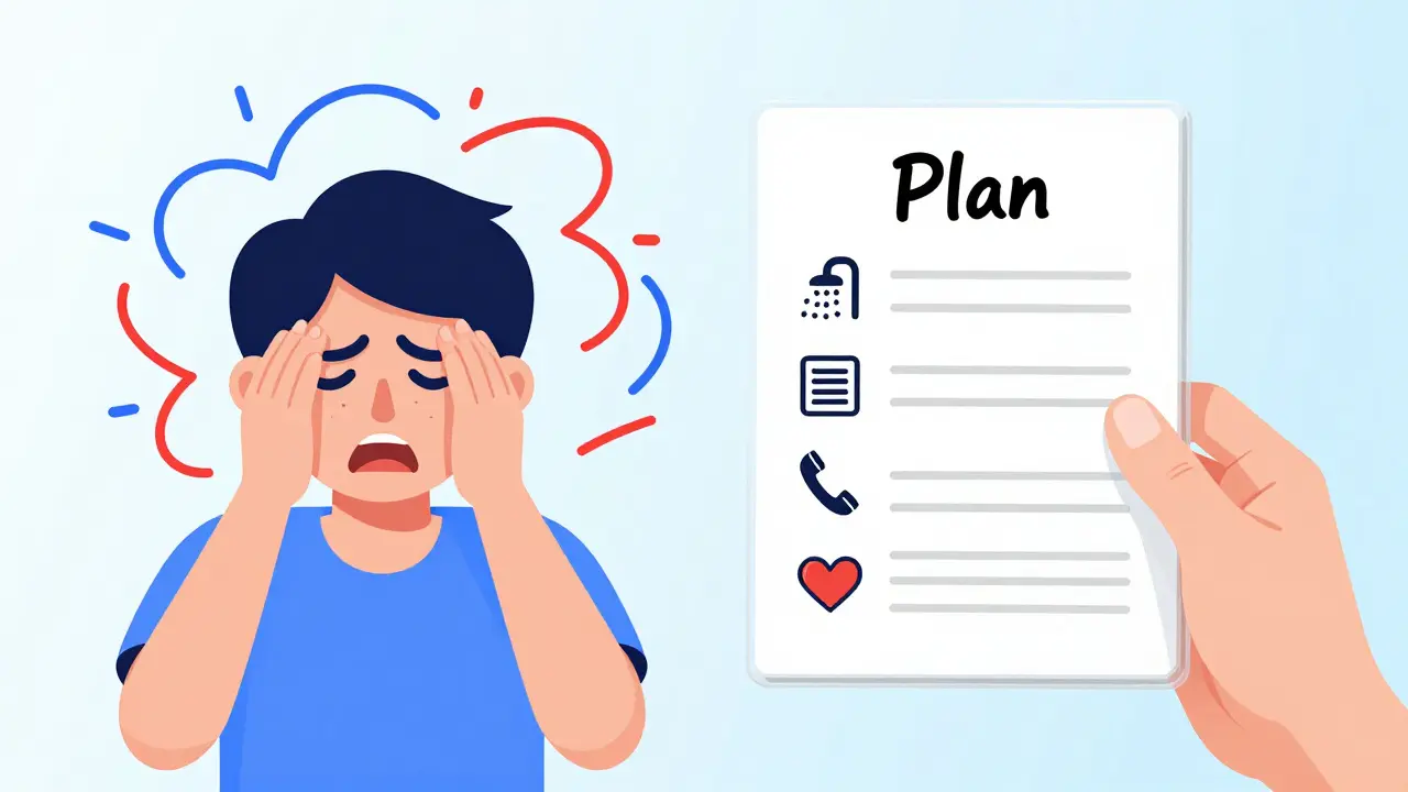 Kontrast mezi emocionálním chaosem a strukturovaným krizovým plánem s jednoduchými ikonami.