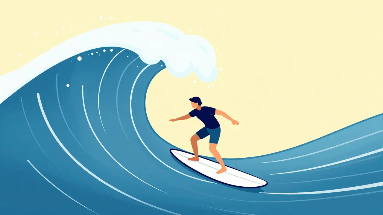 Kresba člověka, který klidně surfuje na velké modré vlně symbolizující craving.