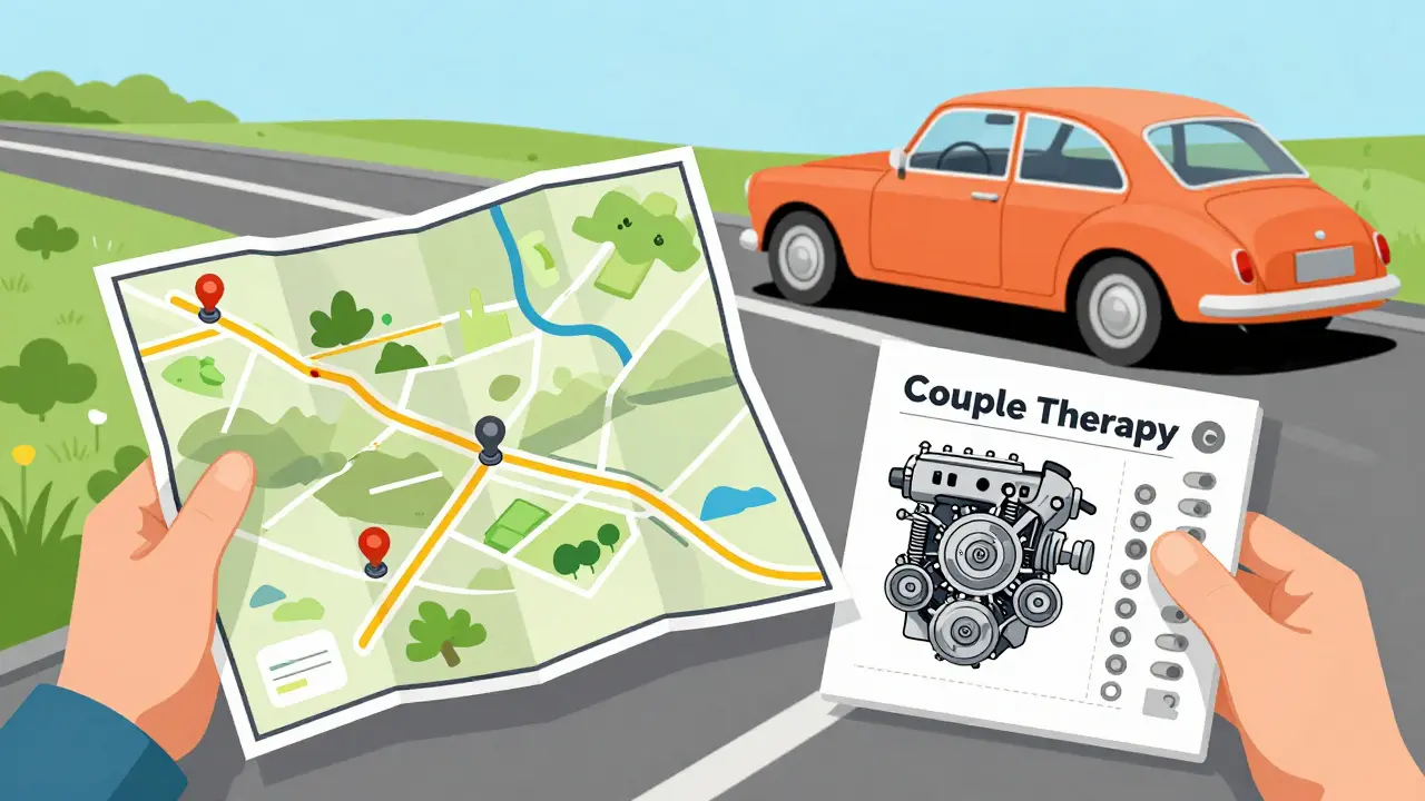 Kresba osoby s mapou a manuálem k motoru symbolizující kombinovaný přístup k terapii.