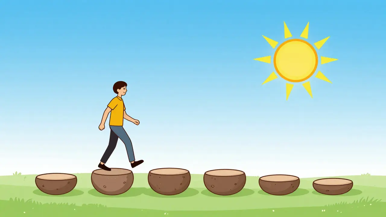 Kresba pěti stupňů vedoucích k úspěchu v terapii jako symbol kontinuity.