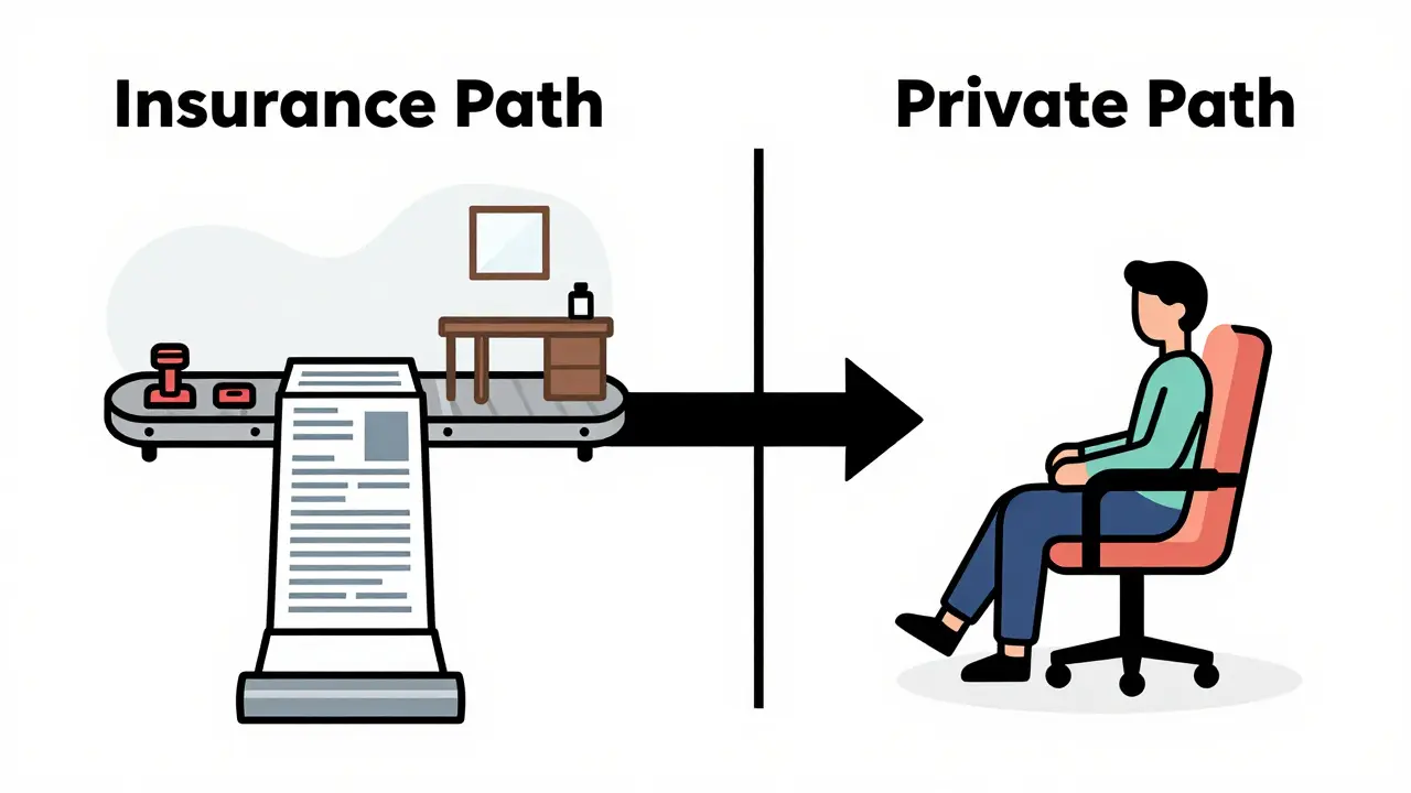 Kresba srovnávající administrativní cestu k hrazené terapii a rychlou soukromou cestu.