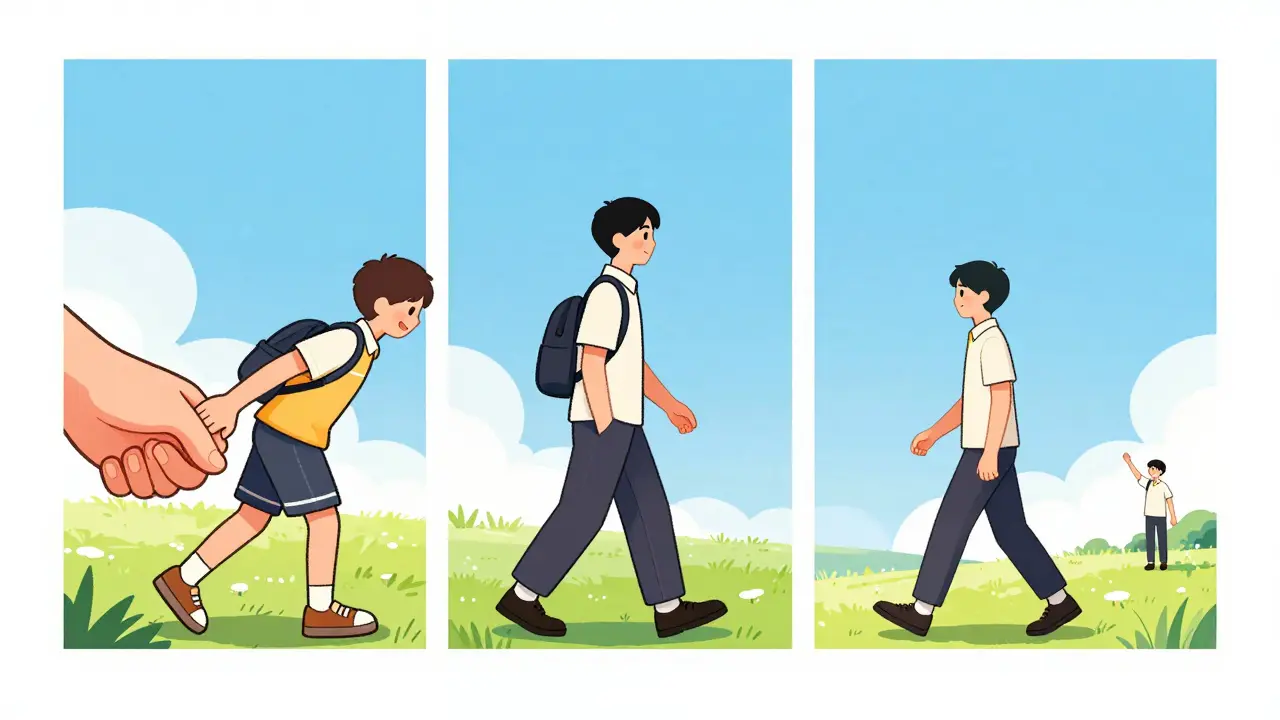 Kresba znázornující postupný přechod od intenzivní terapeutické podpory k osobní autonomii.