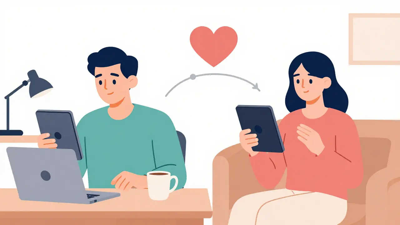 Muž a žena v samostatných prostorech spojení videohovorem.