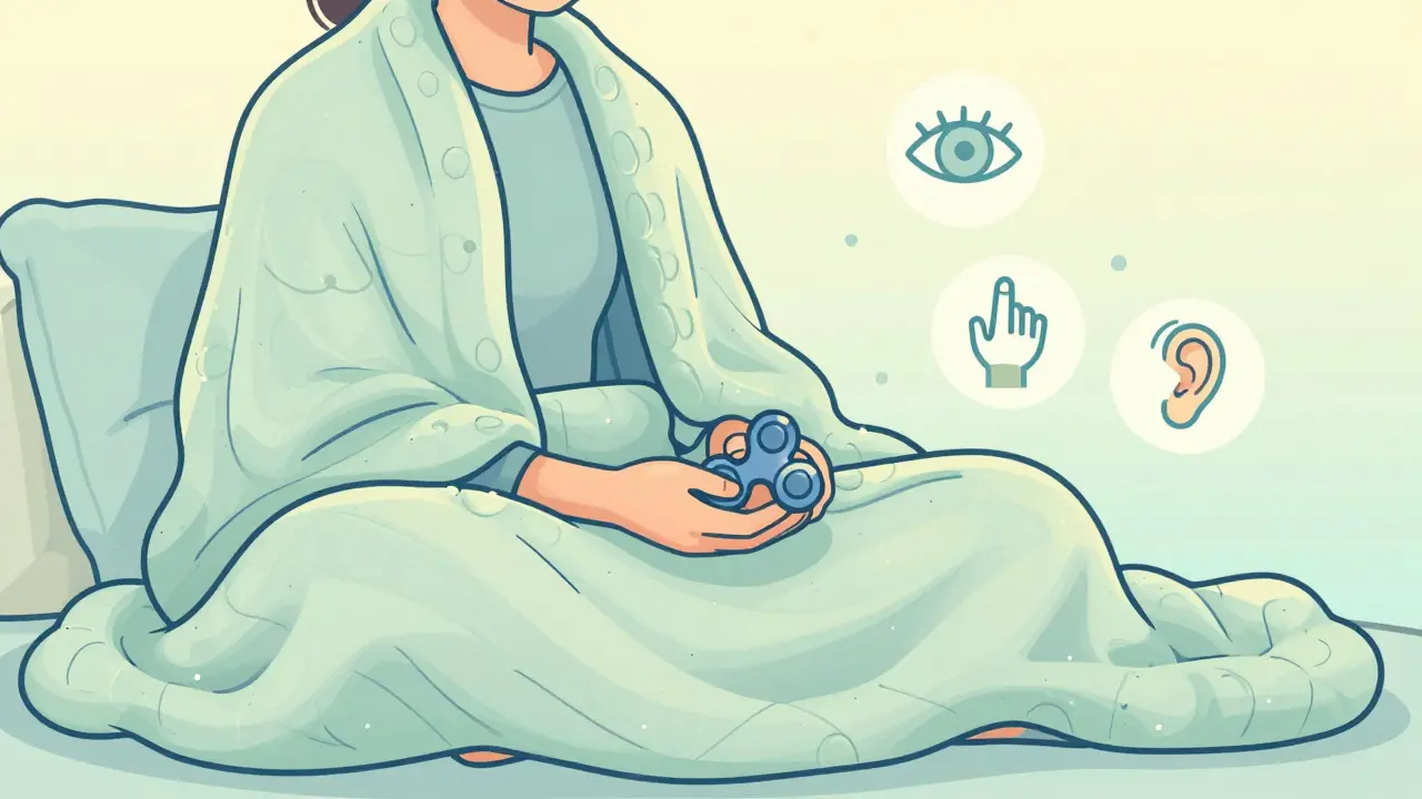 Osoba v těžké dece s fidget hračkou a symboly techniky uzemnění 5-4-3-2-1.