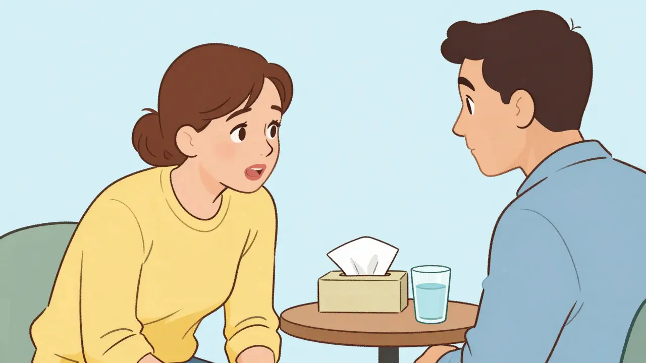 Otevřená konverzace mezi klientem a terapeutem v bezpečné atmosféře.