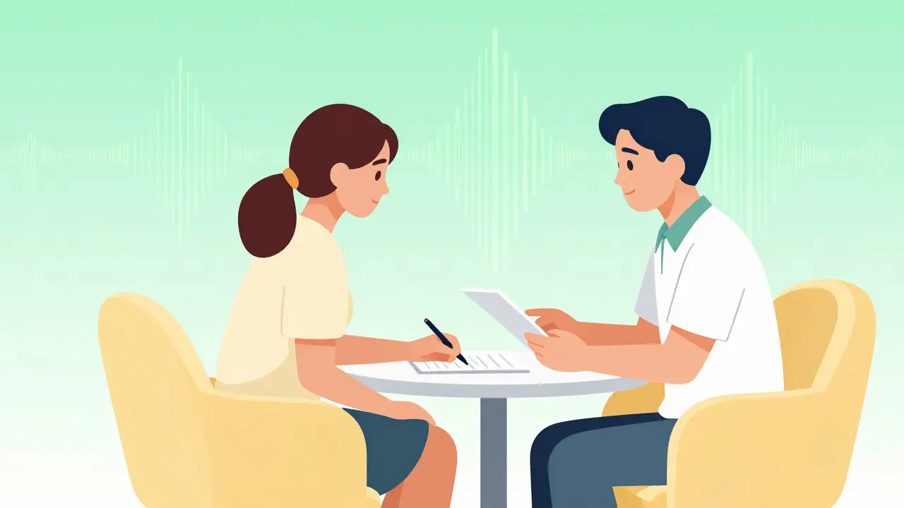 Pacient a terapeut společně pracující na plánu v moderní ordinaci s prvky digitální pomoci.