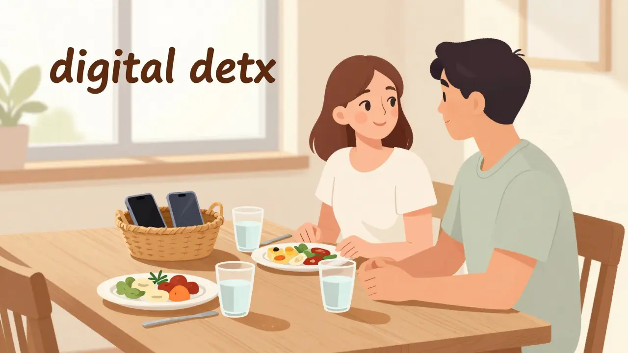 Pár mluví u stolu s telefony odloženými stranou do košíku