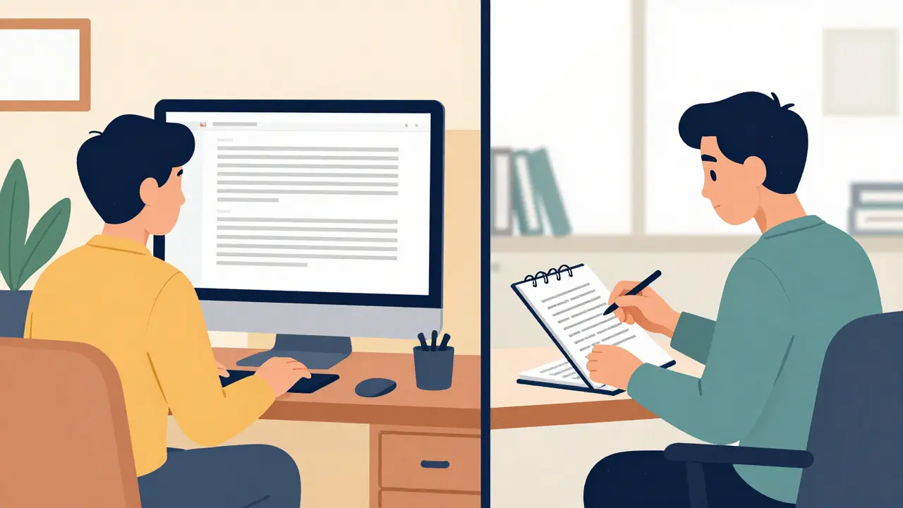 Rozdělená scéna ukazující klienta píšícího text a terapeuta jej analyzujícího.