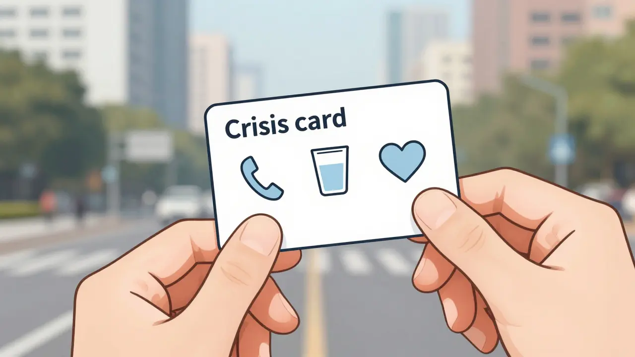 Ruka drží malou krizovou kartu s pomocnými symboly v městském prostředí.