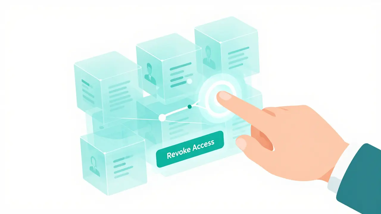 Ruka ovládající holografický blockchain pro správu souhlasu s daty.