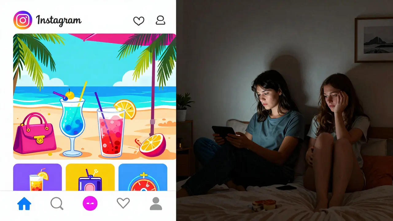 Srovnání dokonalého světa sociálních sítí a skutečné osamělosti v doprovodu