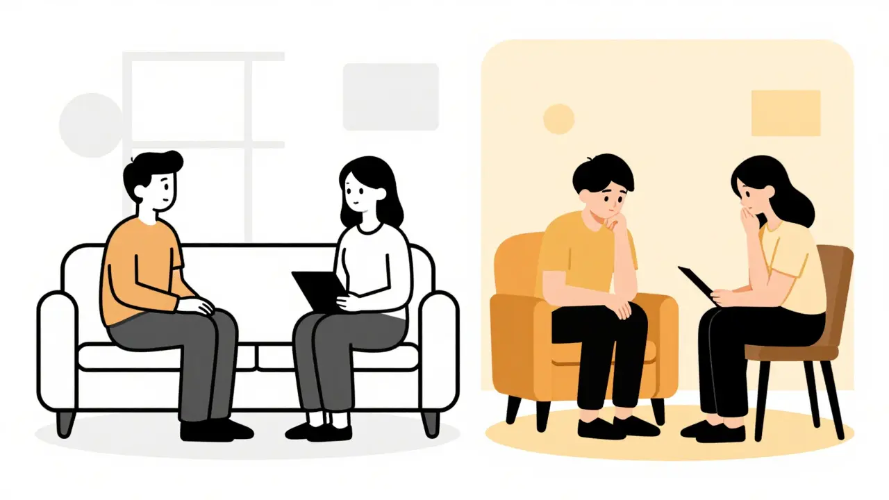 Srovnání párové a individuální terapie v minimalistickém ilustračním stylu.