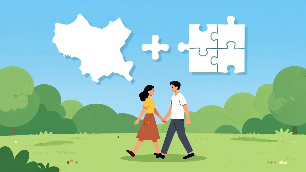 Šťastný pár procházející se v parku v symbolu vyřešeného vztahu.