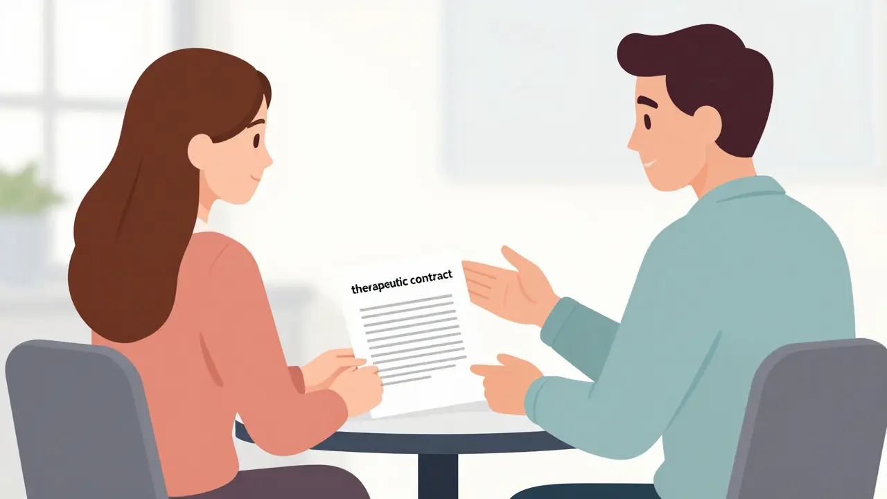 Terapeut a klient domlouvají terapeutický kontrakt v jasně osvětlené místnosti.