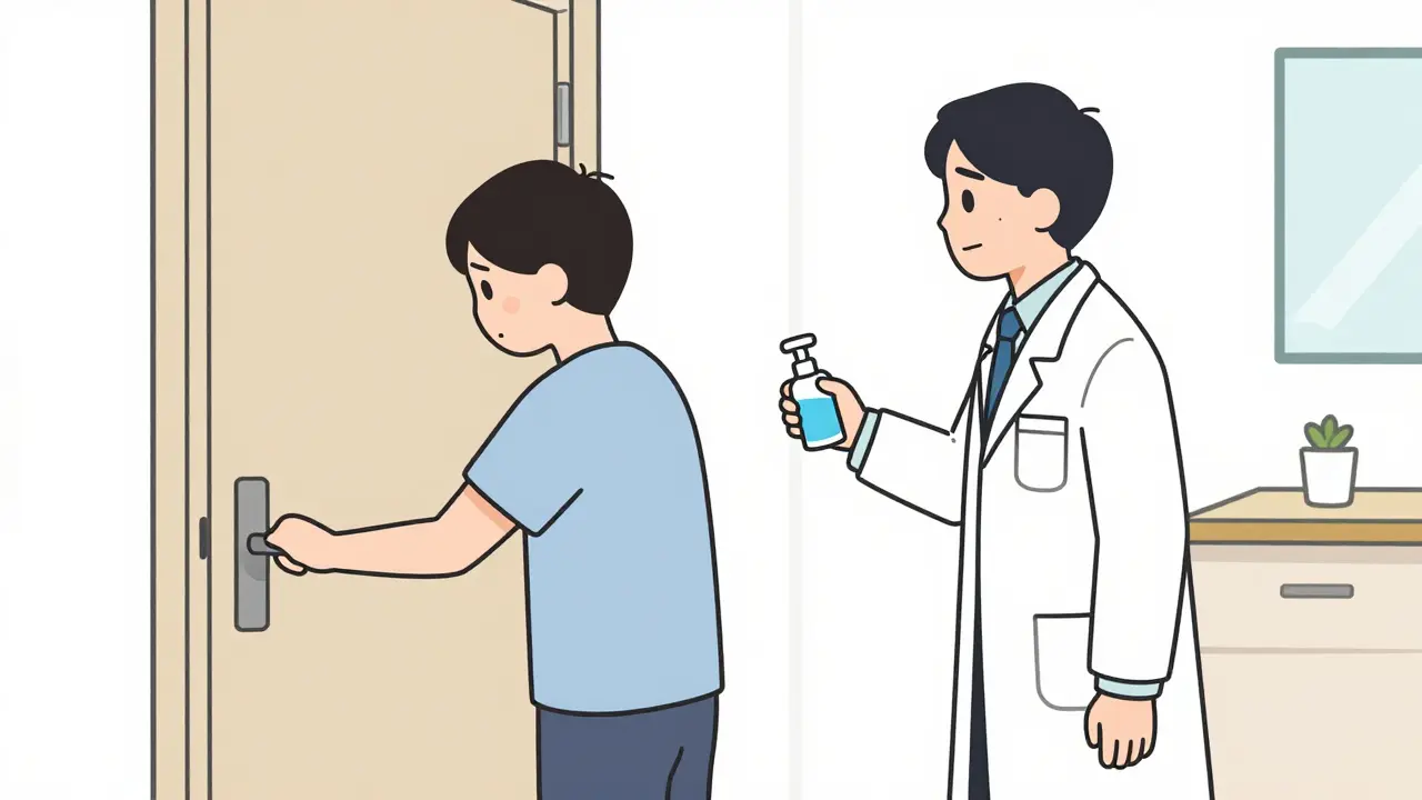 Terapeut pomáhá pacientu s OCD překonat strach z mikrobu při dotýkání se kliky dveří.