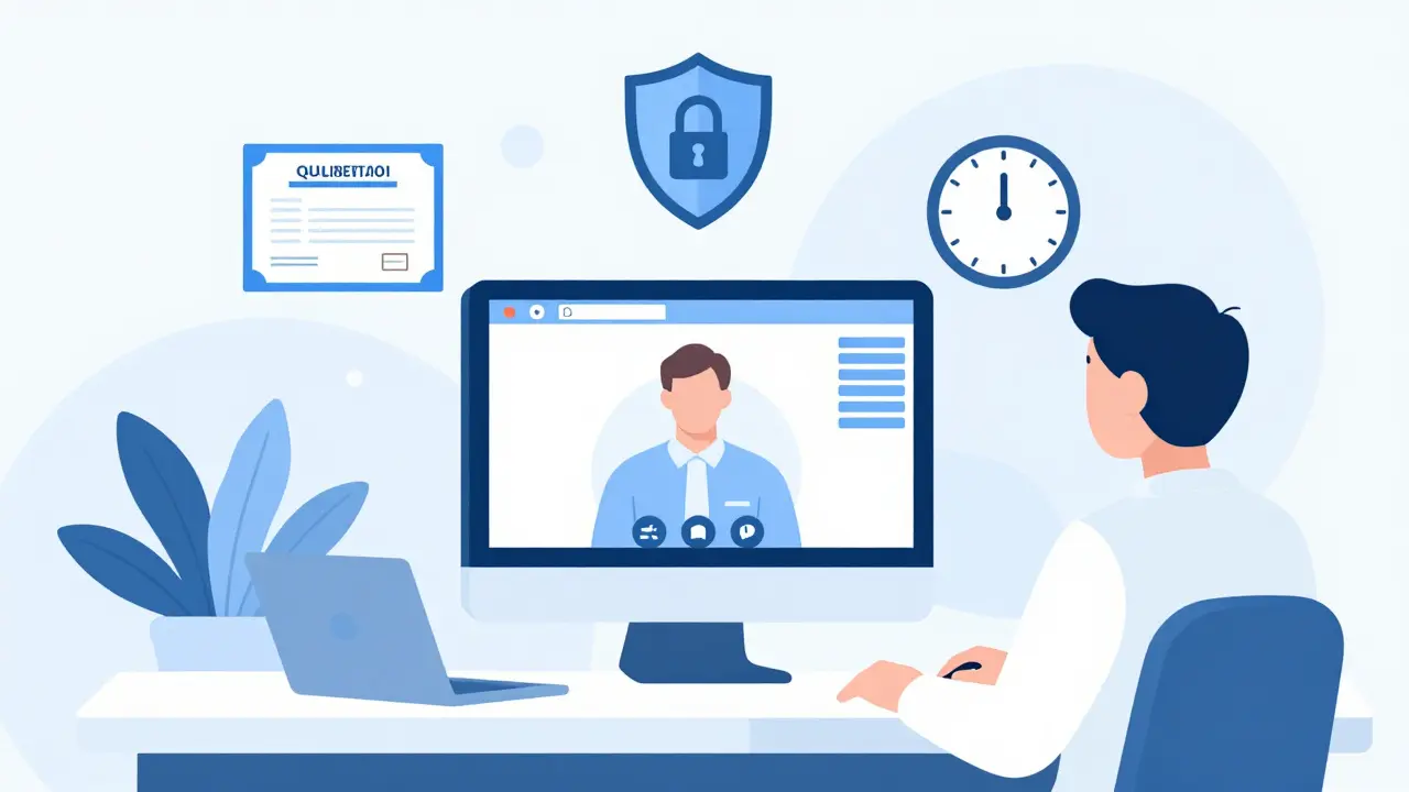 Terapeut s počítačem znázorňující kvalifikaci a zabezpečené online spojení.