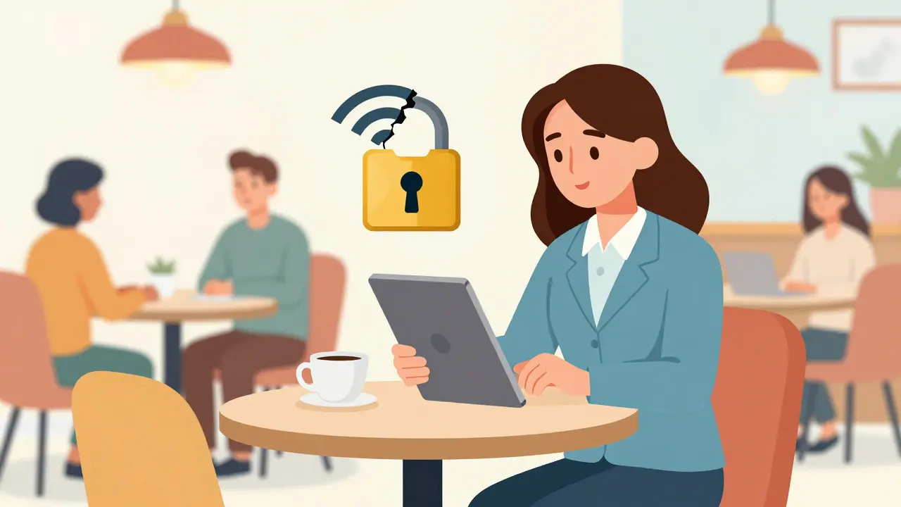 Terapeut v kavárně s tabletem, symbolizující riziko připojení k nebezpečné veřejné Wi-Fi.