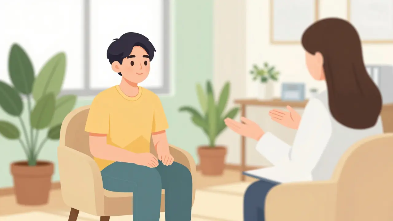 Terapeutické sezení teenagera a EMPATICKÉHO terapeuta v brightní místnosti.