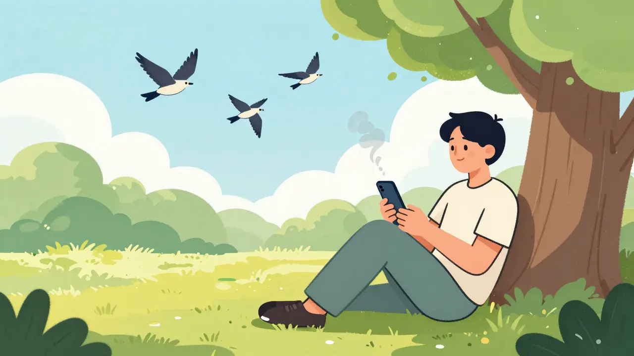 Člověk relaxuje v přírodě bez telefonu