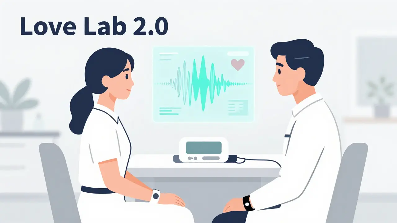 Pár s nositelnou technologií zobrazující datové vlny ve stylizované laboratoři