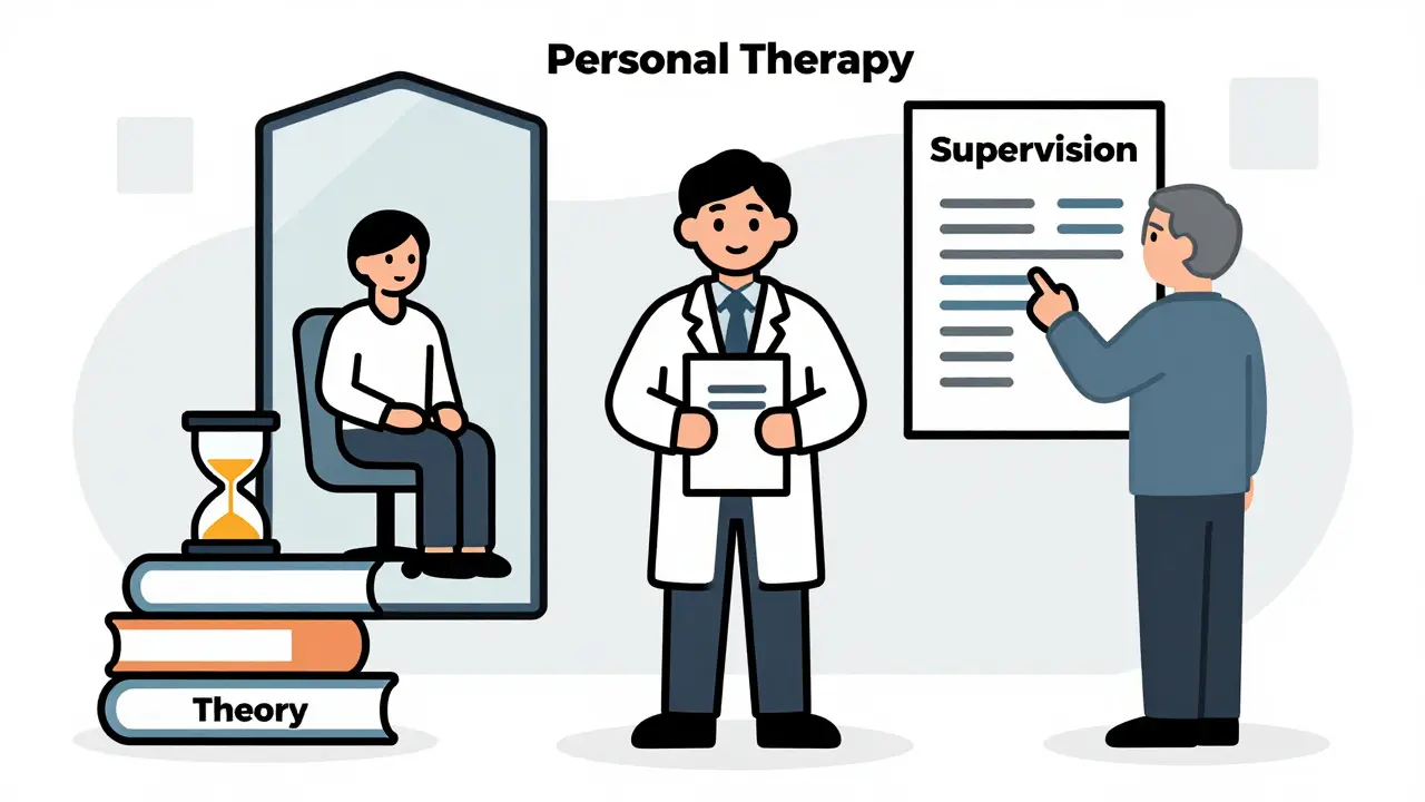 Symbolické znázornění tří pilířů výcviku terapeuta: teorie, supervize a vlastní terapie