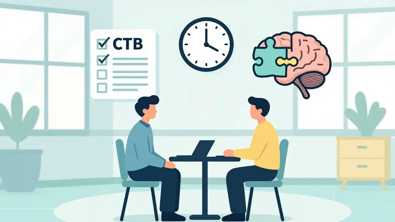 Terapeutické sezení s vizualizací dovedností KBT pro ADHD v čistém grafickém stylu
