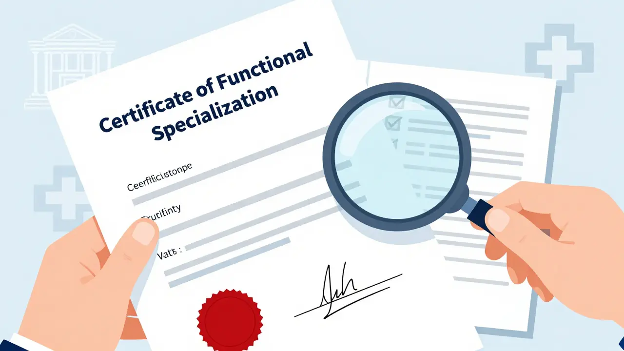 Ruka drží certifikát terapeuta pod lupou pro ověření kvalifikace