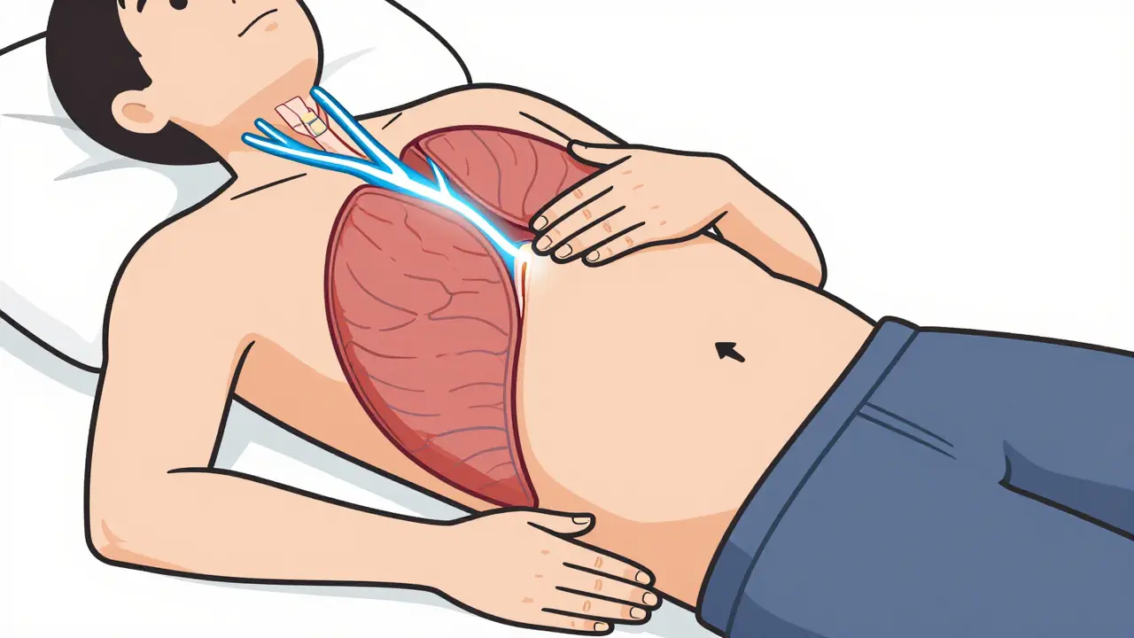 Schéma břišního dýchání: Ruka na břiše stoupá, nervus vagus svítí modře