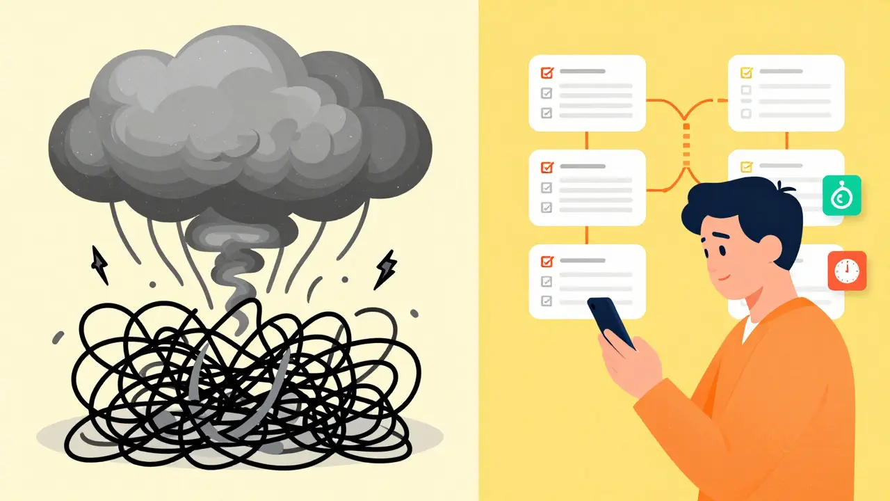 Ilustrace řazení myšlenek pomocí aplikací a strategií při ADHD