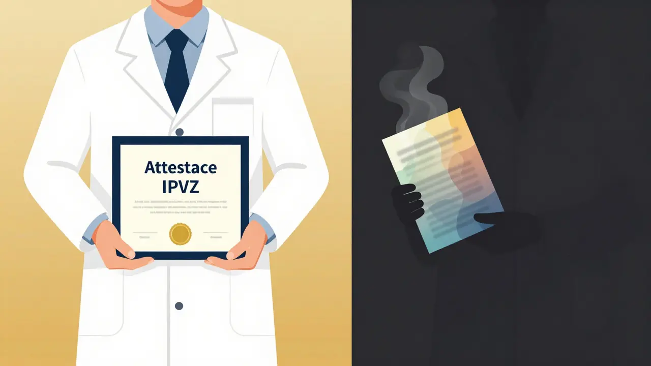 Kontrast mezi oficiálním certifikátem a neověřeným letákem terapeuta