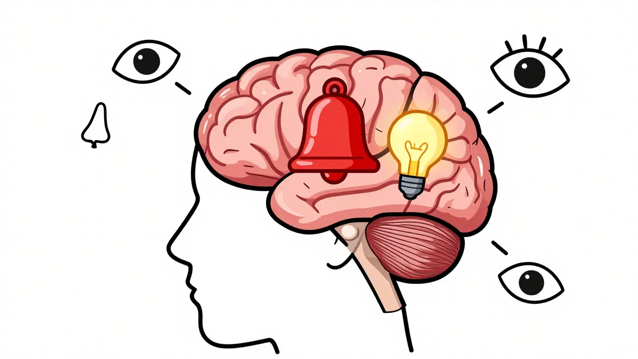 Schéma mozku při traumatu: aktivní amygdala a vypnutý hippokampus