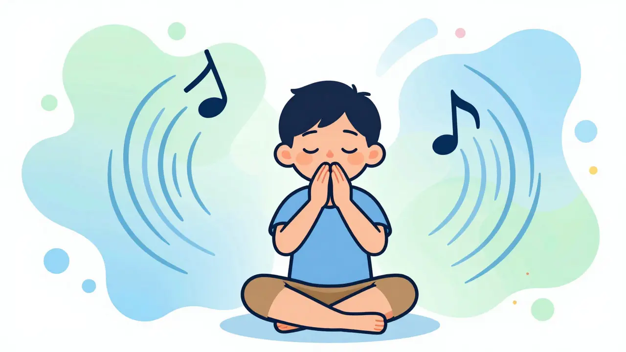 Dítě praktikuje mindfulness a relaxaci s podporou hudby a umění v klidném prostředí
