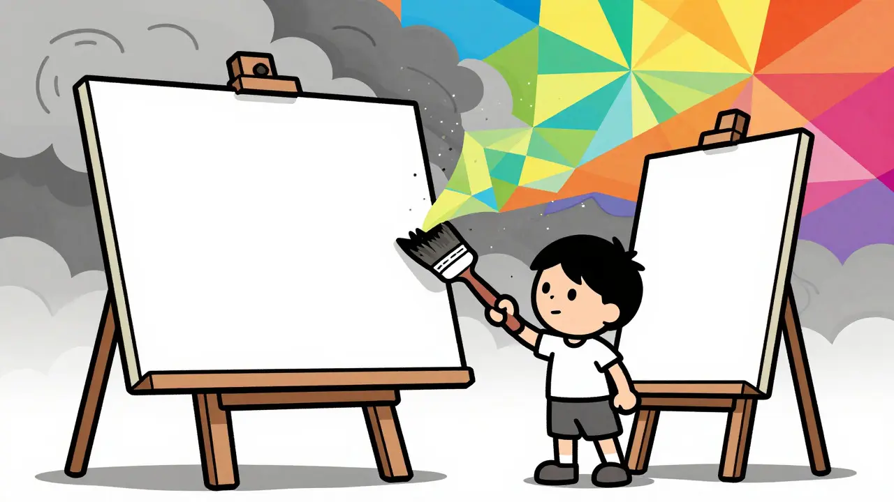 Ilustrace dítěte před plátnem, kde abstraktní emoce přecházejí do řádu.
