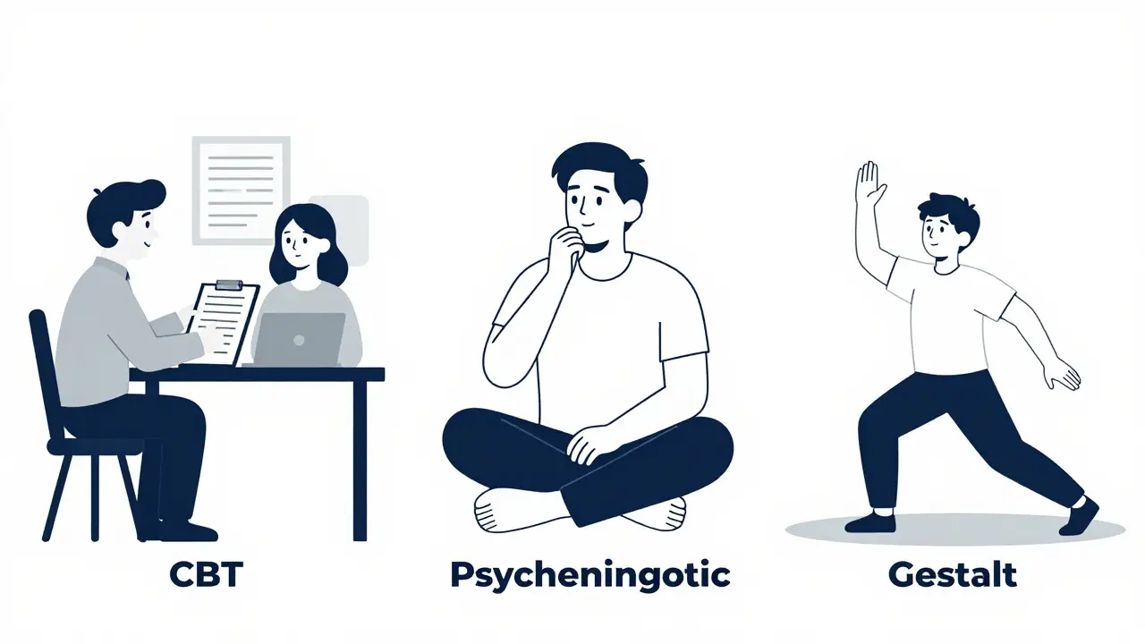 Ilustrace tří různých přístupů k psychoterapii vedle sebe