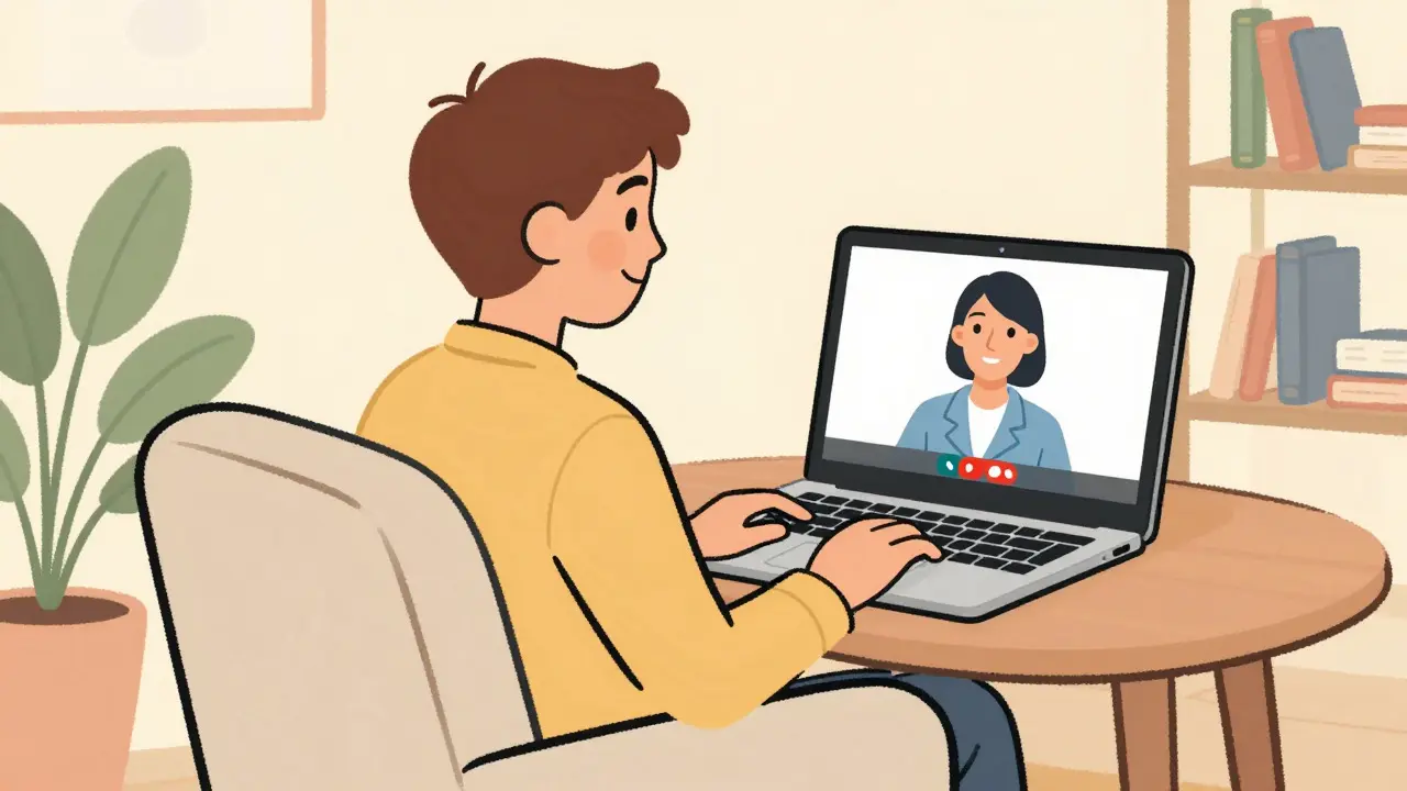 Online terapie přes notebook v útulném bytě, kreslený styl