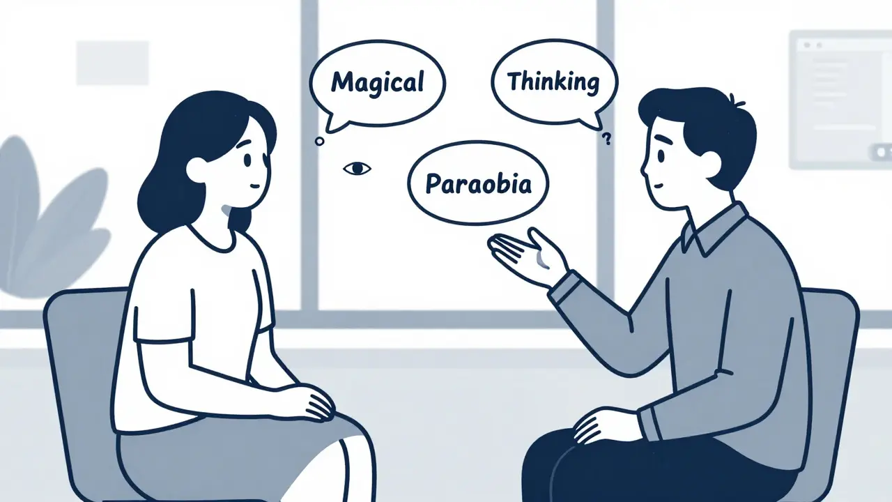 Scéna terapie, kde psycholog pomáhá pacientovi rozeznat magické myšlení