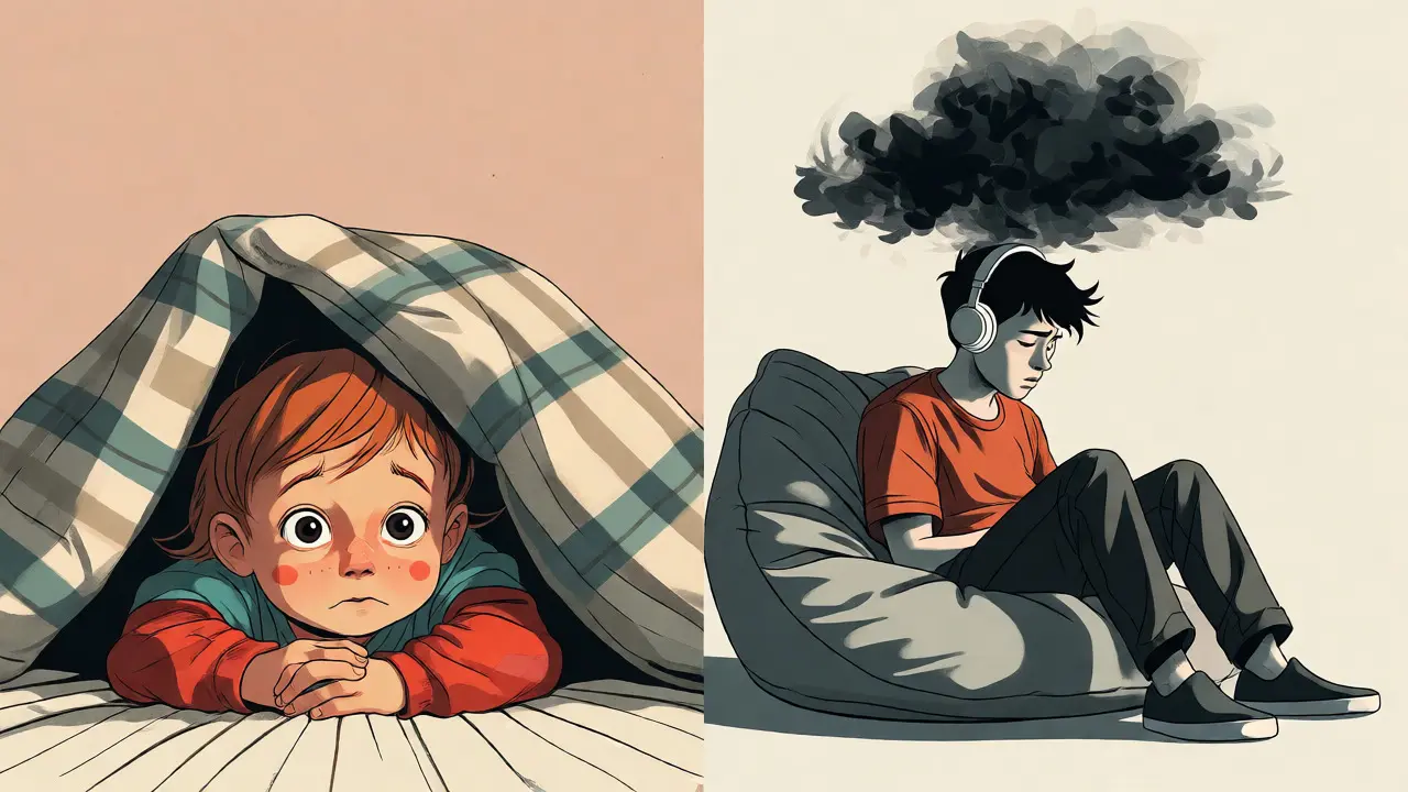 Ilustrace znázorňující úzkostné předškolní dítě pod dekou a izolovaného adolescenta s temným mrakem nad hlavou.