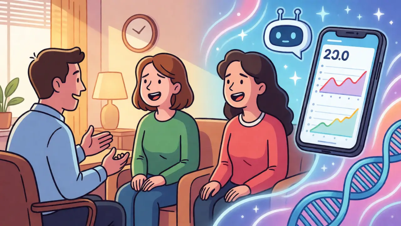 Spojení terapeuta s klientem a digitálních nástrojů sledujících náladu a genetiku v ilustraci.