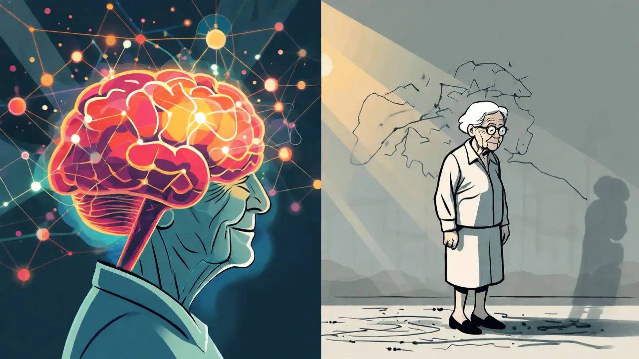 Ilustrace kontrastu mezi aktivní myslí a osamělostí seniora.