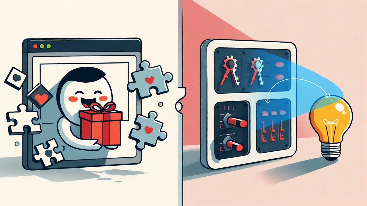 Ilustrace porovnávající jednoduchý přístup Cboardu a komplexní možnosti Gridu 3 pro AAC.
