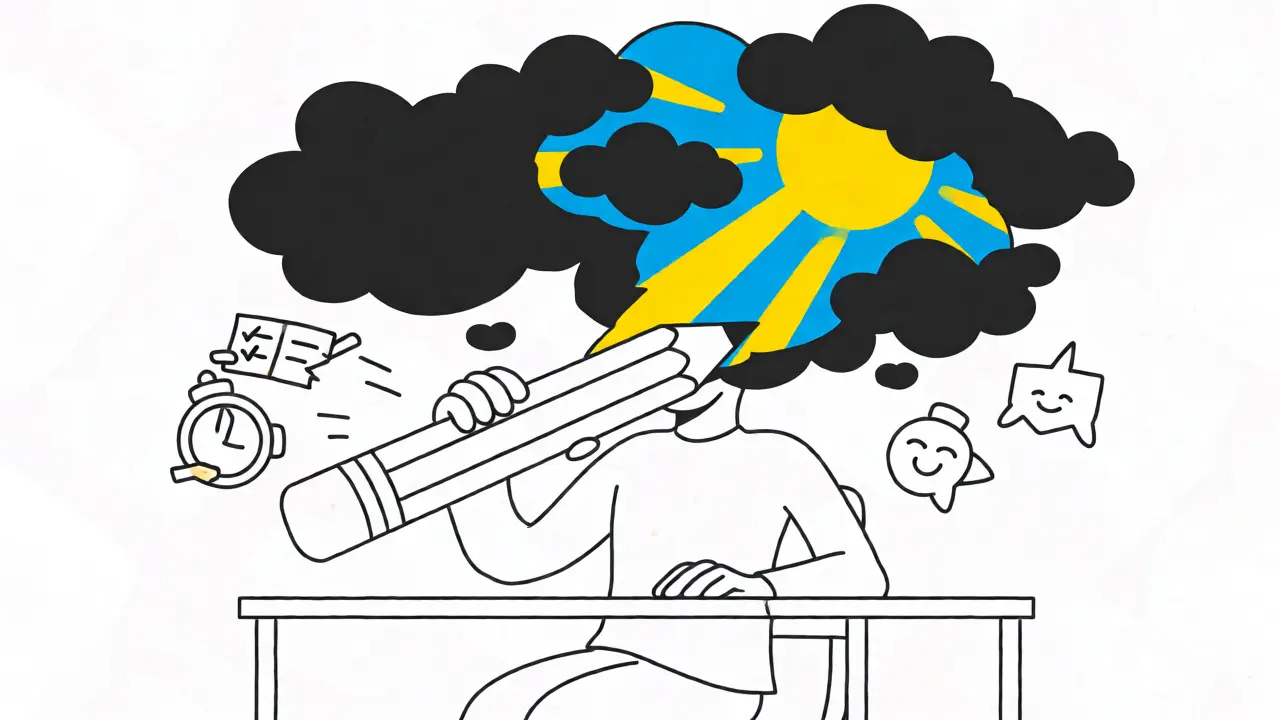 Postava přepisující své myšlenky velkou tužkou, která vymazává tmavé mraky a odkrývá slunečné nebe.