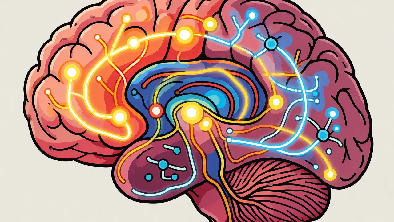 Stylizovaný řez mozkem se svítícími drahami serotoninu a dopaminu